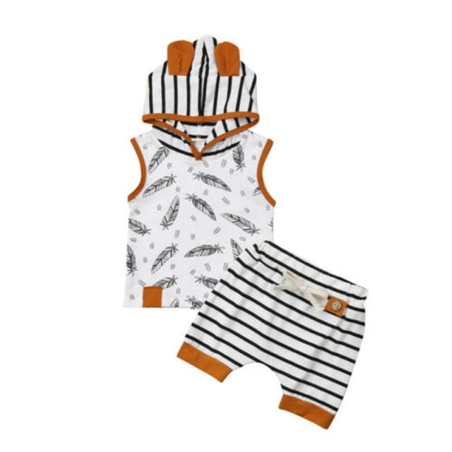 2PCS Newborn Baby Boy Sleeveless Hooded Vest Striped Summer Clothes