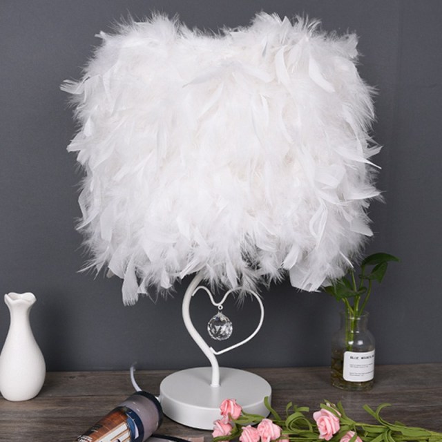 Table Lamp with Feather Shade- Elegant Crystal Feather Table Lamps for Princess Room Bedroom Bedside