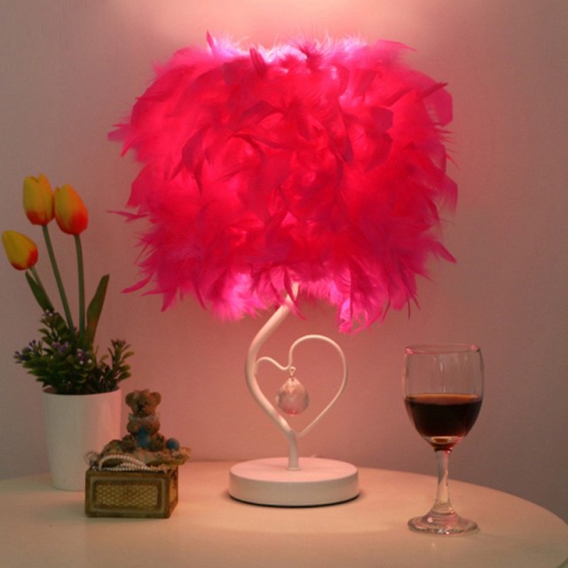 Table Lamp with Feather Shade- Elegant Crystal Feather Table Lamps for Princess Room Bedroom Bedside