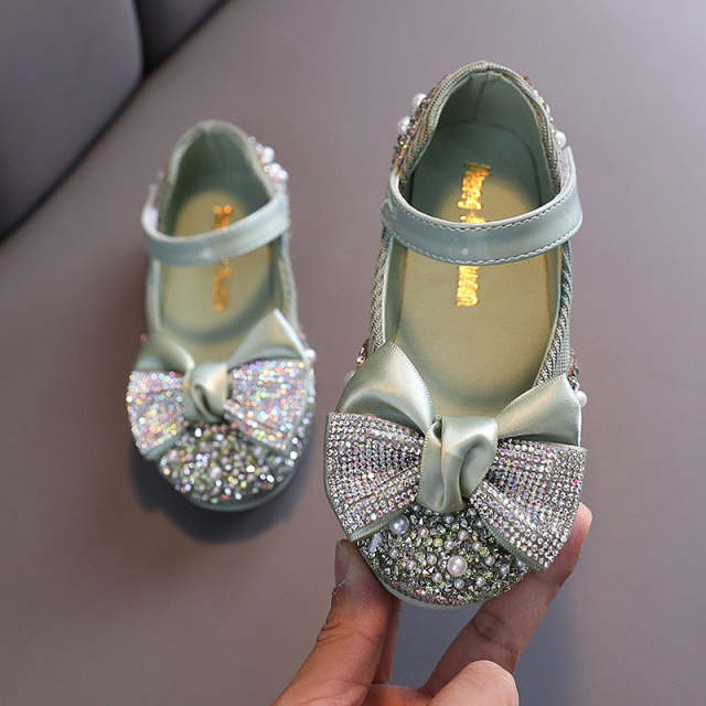 Children Shoes Rhinestone Leather Bow Princess Girls Party Dance Shoes