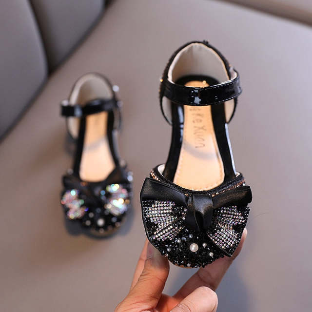 Children Shoes Rhinestone Leather Bow Princess Girls Party Dance Shoes