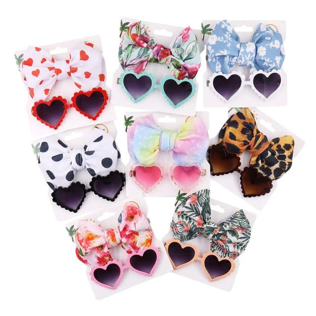 2pcs Lovely Kids Girls Bowknot Headband and Heart-Shaped Sunglasses Set