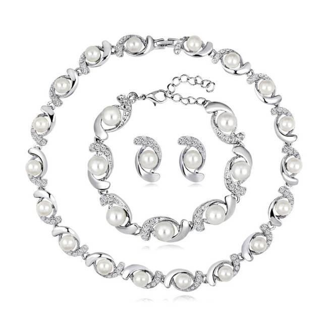 Wedding Bridal Simulated Pearl Necklace Bracelet Earrings Jewelry Set for Women Fashion Zircon Jewelry Sets