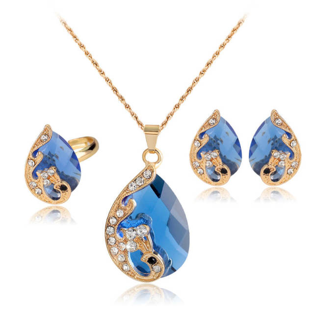 Fashion Women Elegant Peacock Waterdrop Rhinestone Pendant Necklace Earrings Ring Crystal Jewelry