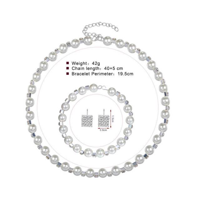 Wedding Bridal Simulated Pearl Necklace Bracelet Earrings Jewelry Set for Women Fashion Zircon Jewelry Sets