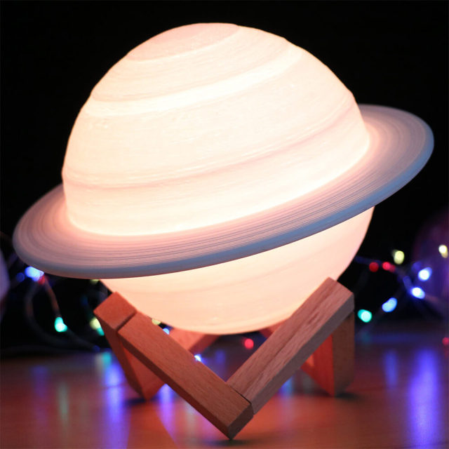 Saturn Lamp for Kids- LED 3D Printing Planet Light with Wood Stand 3 Colors Touch Control USB Rechargeable Gift for Baby Girls Boys Birthday Home Light Decoration