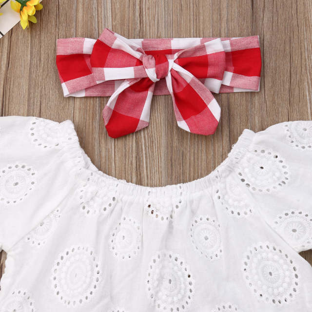 0-24M Newborn Baby Girl Clothes Summer Off Shoulder Lace Top Red Plaid Short Dress Headband Outfit