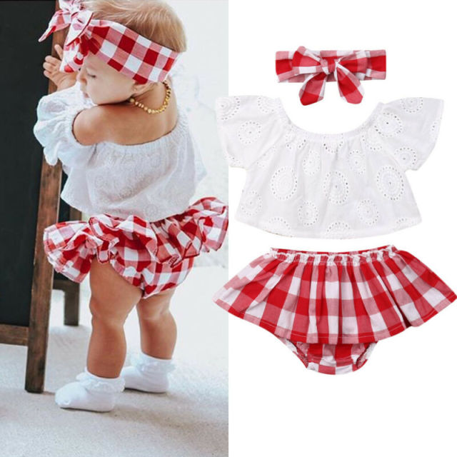 0-24M Newborn Baby Girl Clothes Summer Off Shoulder Lace Top Red Plaid Short Dress Headband Outfit