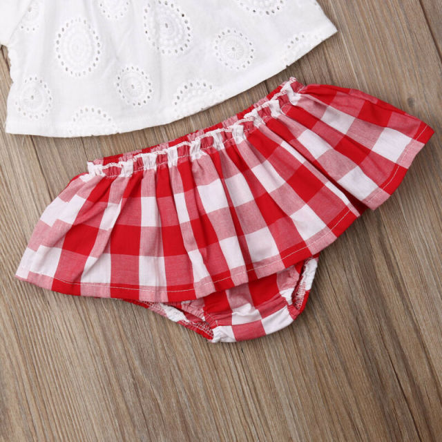 0-24M Newborn Baby Girl Clothes Summer Off Shoulder Lace Top Red Plaid Short Dress Headband Outfit