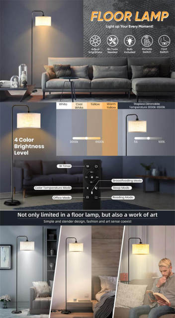 Floor lamp with Fabric Shade, Classic Modern Standing Floor Lamp with 4 Color Temperature Brightness Remote &amp; Foot Switch Control Standing Lamp for Living Room Bedroom