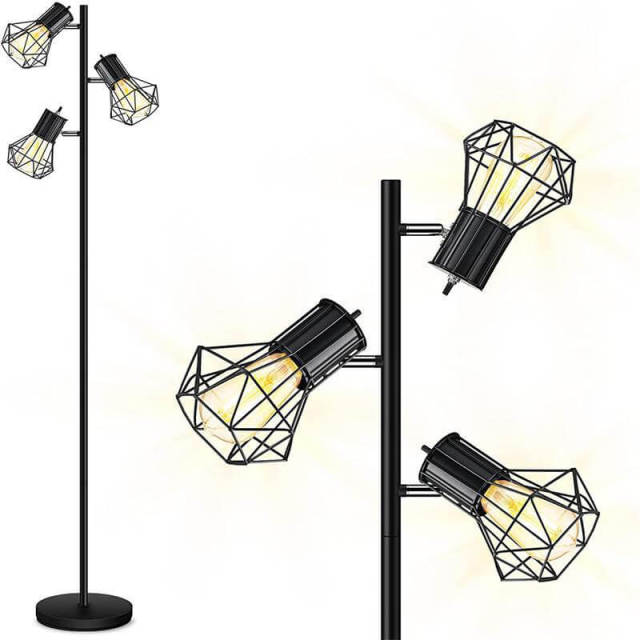 Industrial Floor Lamp, 3 Lights Farmhouse Tree Standing Lamp, Adjustable Cage Heads Independent Control Floor Lamps for Living Room Bedroom