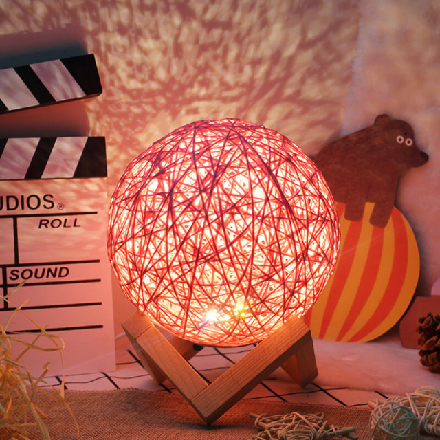 Night Light for Kids Rattan Ball Moon Light 5.9 inch LED Globe Rattan Ball Lamp with Solid Wood Base USB Dimmable LED Projector Night Lamps