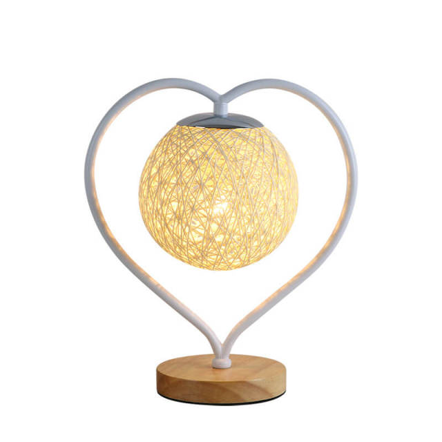 Table Lamp - Iron Heart Shape with Rattan Ball Shade Table Light Decorative Lamp Home Bedroom Bedside Romantic Decoration