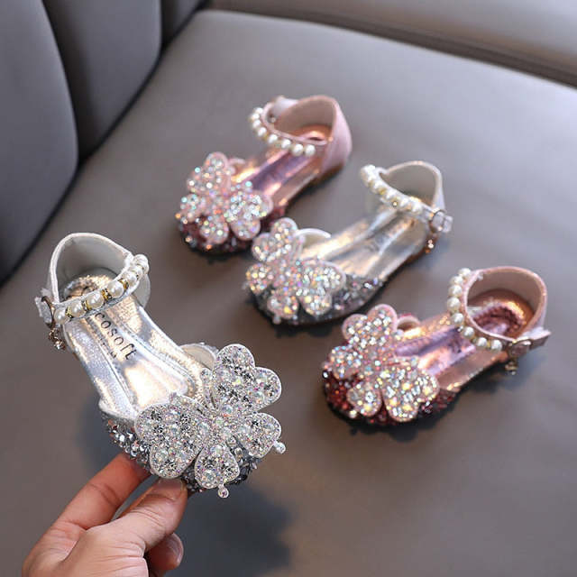 Kids Rhinestone Bowknot Princess Shoes Children Leather Butterfly Sandals