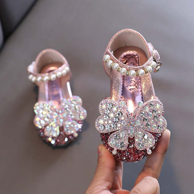 Kids Rhinestone Bowknot Princess Shoes Children Leather Butterfly Sandals