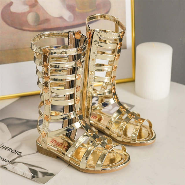 Kids Girls Gladiator Sandals Strappy Flat Knee High Zip Up Boots Shoes