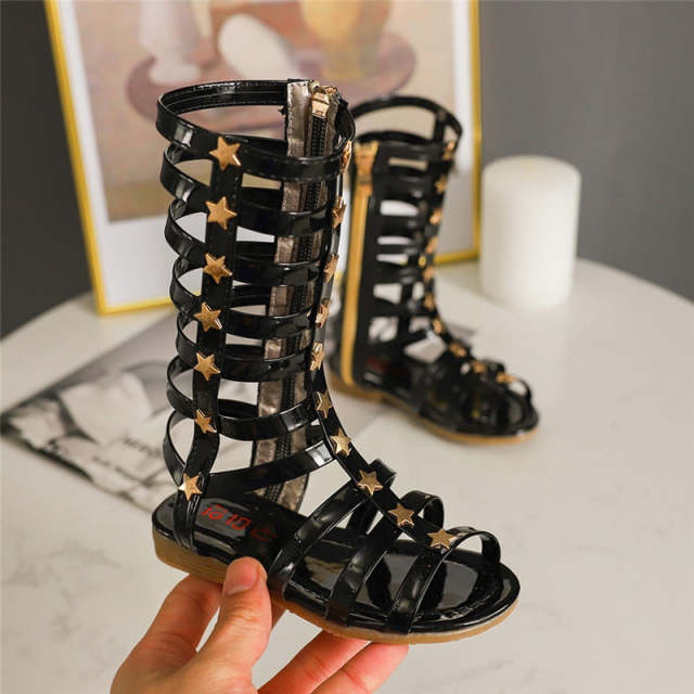 Kids Girls Gladiator Sandals Strappy Flat Knee High Zip Up Boots Shoes