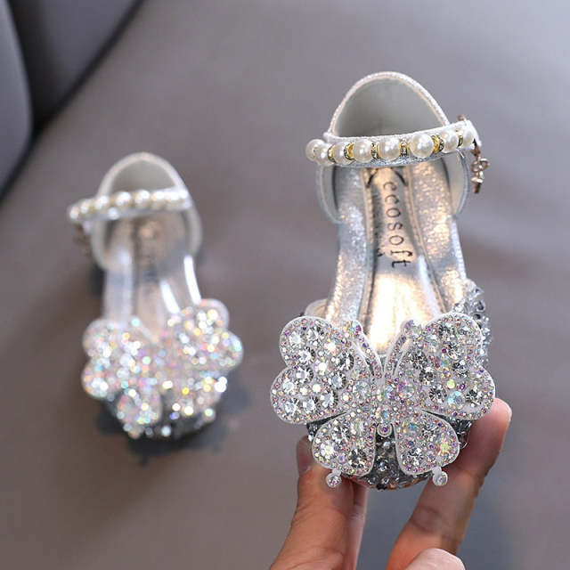 Kids Rhinestone Bowknot Princess Shoes Children Leather Butterfly Sandals