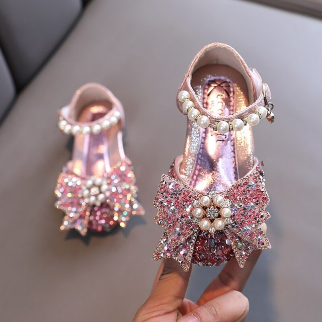 Girls Princess Shoes Baby Pearl Bow Sandals Kids Bling Dance Party Shoes
