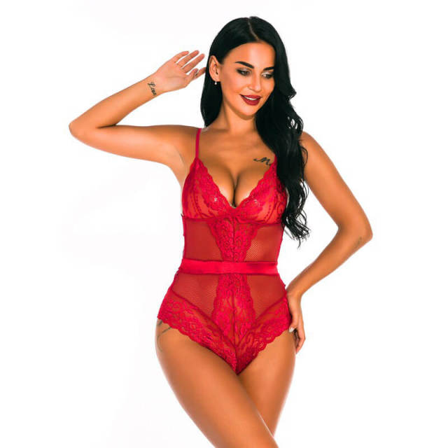 OOVOV Sexy Lingerie for Women Sheer Mesh One Piece High Waist Lace Bodysuit Deep V-Neck Teddy