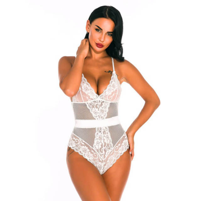 OOVOV Sexy Lingerie for Women Sheer Mesh One Piece High Waist Lace Bodysuit Deep V-Neck Teddy