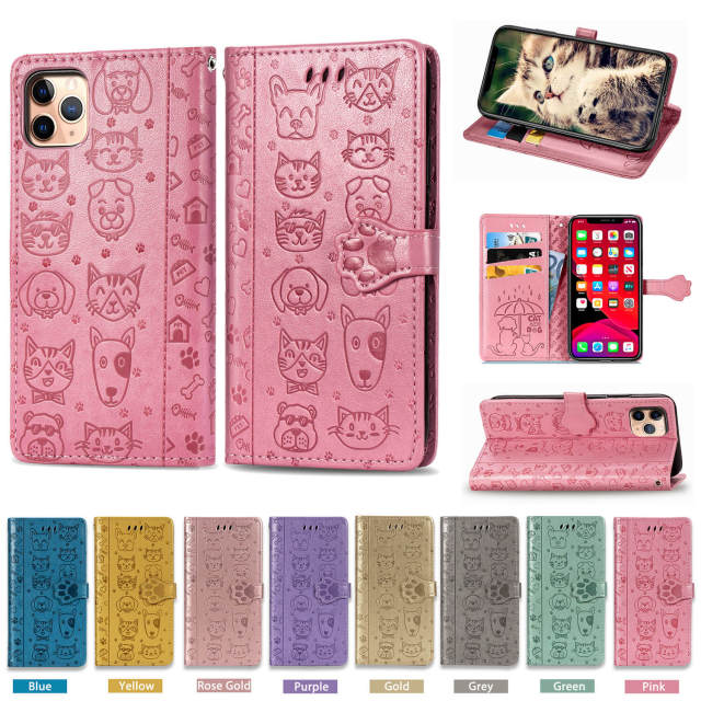 Wallet Phone Case for iPhone 12 Pro,Cartoon Cat Dog Pattern PU Leather Case with Magnetic Clasp and Cash Card Slots Holder Cover for iPhone 11