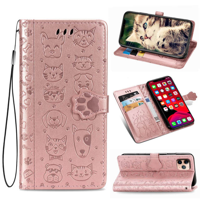 Wallet Phone Case for iPhone 12 Pro,Cartoon Cat Dog Pattern PU Leather Case with Magnetic Clasp and Cash Card Slots Holder Cover for iPhone 11