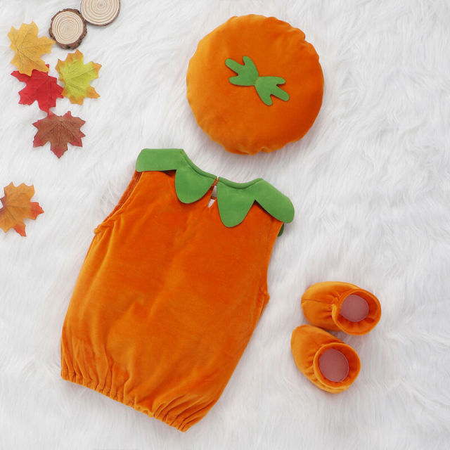 Baby Boys Girl Halloween Pumpkin 3pcs Clothes Suit Vest Tops+Hat+Shoes