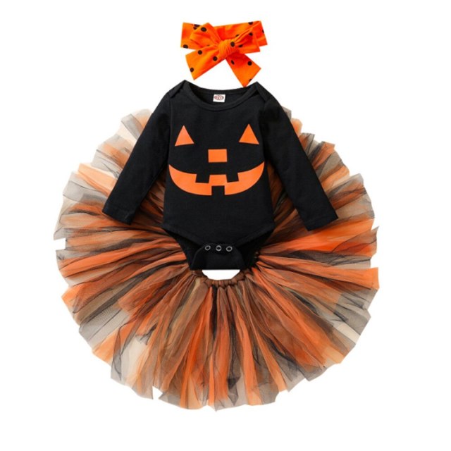 Halloween Pumpkin Print Baby Girls Clothes 3 Pcs Set Bodysuit+Dress Set