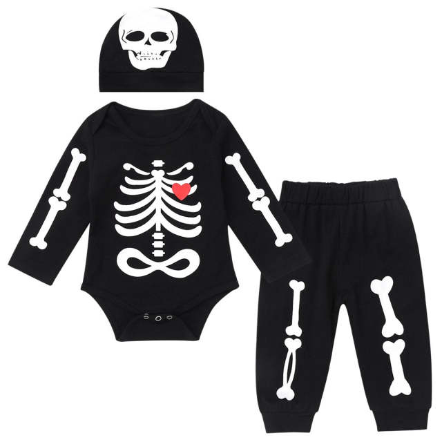 Infant Baby Boys Girls Halloween Outfit Long Sleeves Skull Printed 3 Pcs Sets