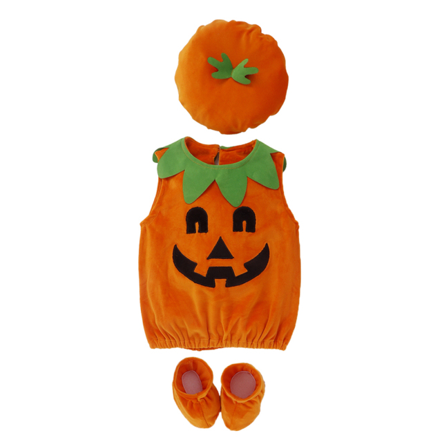 Baby Boys Girl Halloween Pumpkin 3pcs Clothes Suit Vest Tops+Hat+Shoes