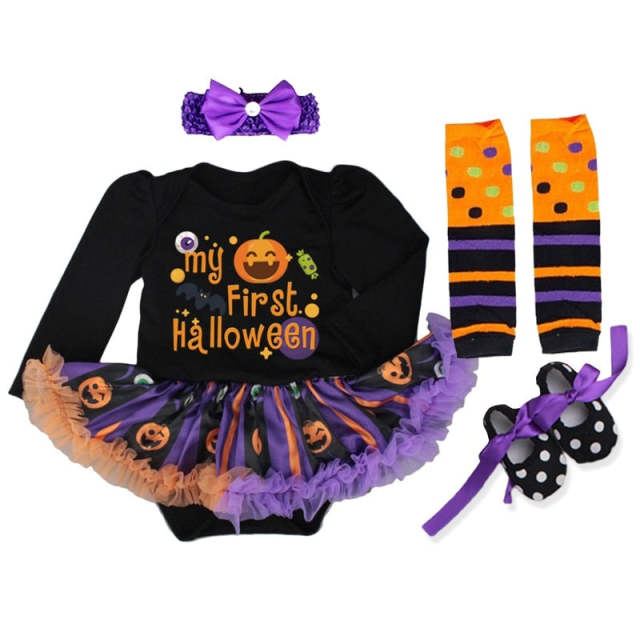 Halloween Baby Girl Dress Sets Black Pumpkin Romper Dress+Headband +Leg Warmers+Shoes 4pcs