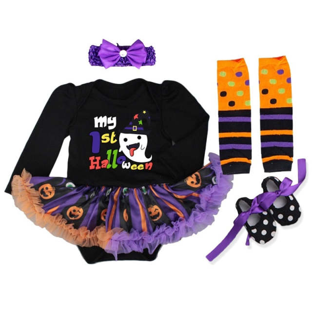 Halloween Baby Girl Dress Sets Black Pumpkin Romper Dress+Headband +Leg Warmers+Shoes 4pcs