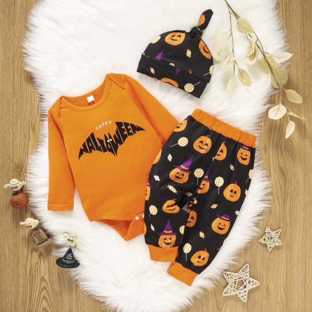 Halloween Clothes For Boys Girls Cotton Long Sleeve Romper Trousers Hat 3Pcs