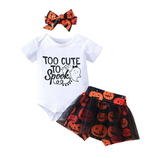 Halloween Print Baby Girls Clothes 3 piece Bodysuit+Dress+Headband Set