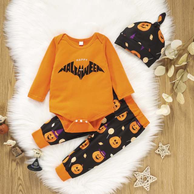 Halloween Clothes For Boys Girls Cotton Long Sleeve Romper Trousers Hat 3Pcs