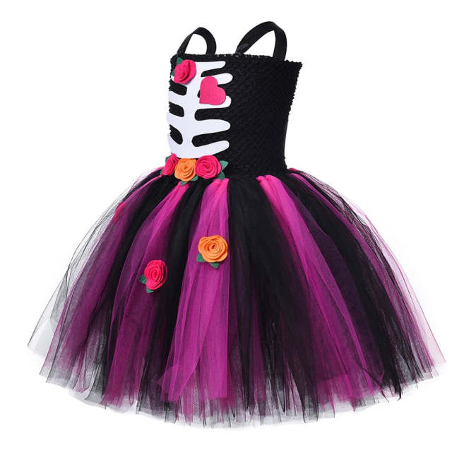 Girls Cosplay Skeleton Dress Costume Halloween Black Flower TuTu Dresses
