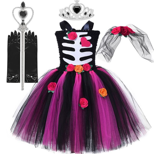 Girls Cosplay Skeleton Dress Costume Halloween Black Flower TuTu Dresses