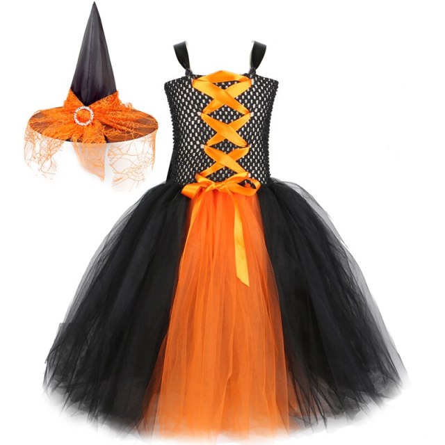 Girls Witch Halloween Costume for Kids Long Tutu Dress with Hat Broom Black Evil Queen Outfit Children Carnival Party Clothes