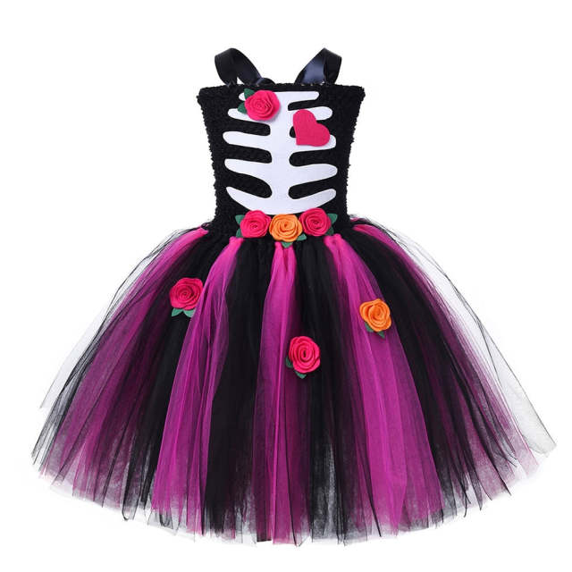 Girls Cosplay Skeleton Dress Costume Halloween Black Flower TuTu Dresses