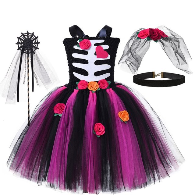 Girls Cosplay Skeleton Dress Costume Halloween Black Flower TuTu Dresses