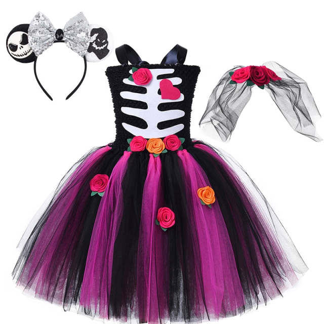 Girls Cosplay Skeleton Dress Costume Halloween Black Flower TuTu Dresses