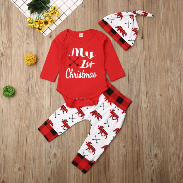 Lovely Baby Boy My First Christmas Letter Romper Kids Girl Xmas 2PCS Sets