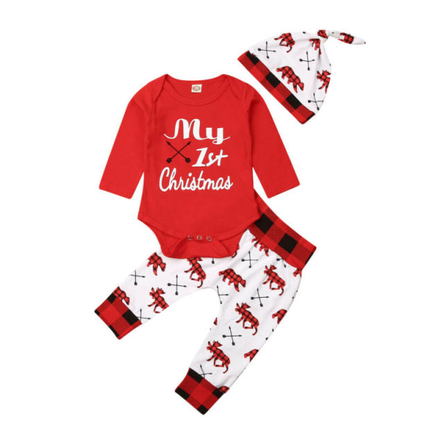 Lovely Baby Boy My First Christmas Letter Romper Kids Girl Xmas 2PCS Sets