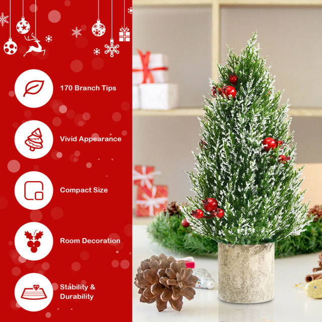 Mini Artificial Christmas Tree 18.5” Tabletop Xmas Tree with 21 Red Berries & 6 Pine Cones, 170 Branch Tips & Pulp Stand