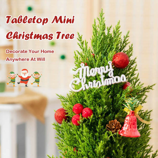 Mini Artificial Christmas Tree 18.5” Tabletop Xmas Tree with 21 Red Berries & 6 Pine Cones, 170 Branch Tips & Pulp Stand