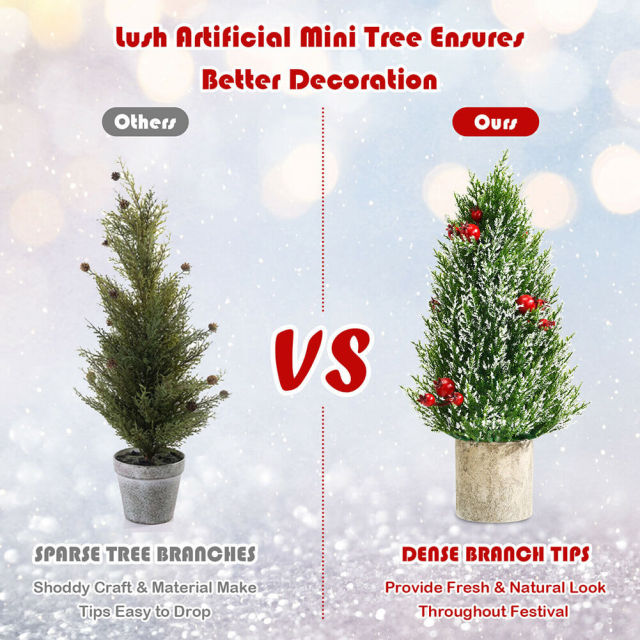 Mini Artificial Christmas Tree 18.5” Tabletop Xmas Tree with 21 Red Berries & 6 Pine Cones, 170 Branch Tips & Pulp Stand
