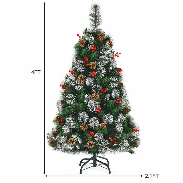 4ft Snowy Artificial Christmas Tree Pre-Decorated Pine Cones and Red Berries Xmas Indoor Outdoor Decoration