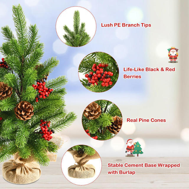 20" Mini Christmas Tree PE Small Artificial Tabletop Christmas Trees Decor with Pine Cones & Red Berries Bedroom Room Porch Table Centerpieces Xmas Decorations