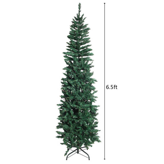 6.5ft Prelit Artificial Slim Christmas Tree 719 Branch Tips Metal Stand Hinged Pencil LED Xmas Tree Christmas Decorations Home Festival Decorations